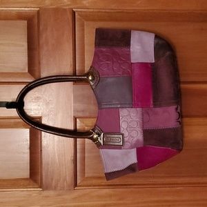 Vintage Velvet and Leather Coach Shoulder Bag Purple and Brown